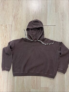 aerie Ribbed Hoodie in Taupe with White Drawstring small